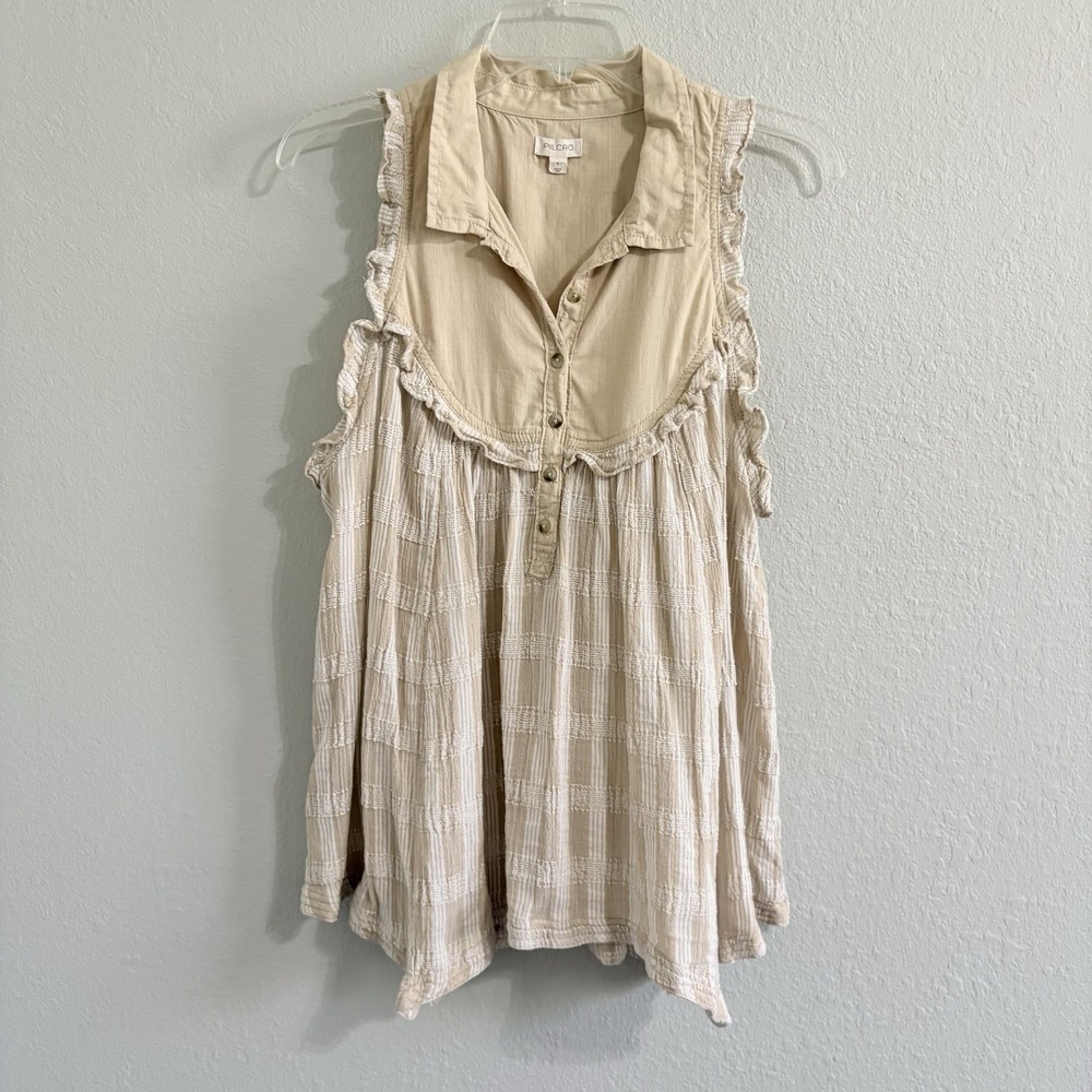 Pilcro Anthropologie Textured Babydoll Tunic Top Large Ruffle Cottagecore Boho - Picture 2 of 14